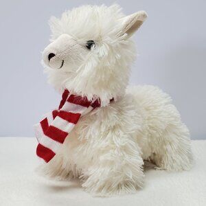 White Llama Plush with Red & White Striped Scarf